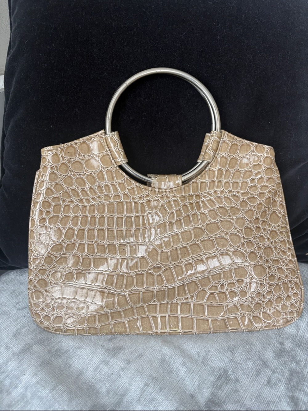 Ring-Handle Croc-Embossed Shoulder Bag in Taupe